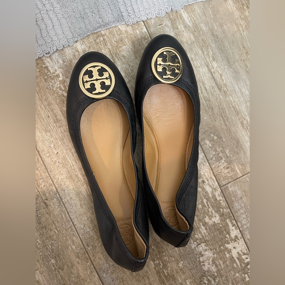 Black and Gold Tory Burch Ballet Flats